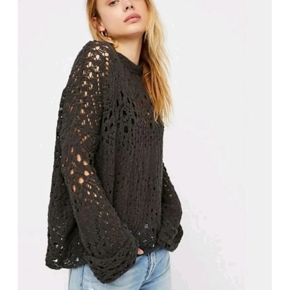 Free People Sweater Size Small Traveling Slate Gray Cotton Open Knit Crochet - Picture 15 of 15